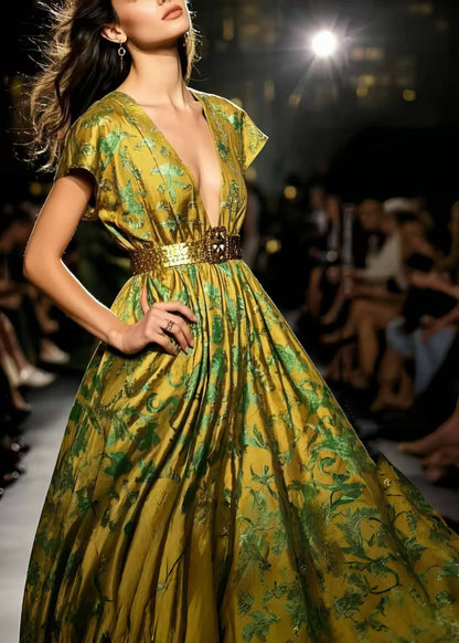 Modern Fluorescent Green Jacquard Exra Large Hem Silk Vestidos Dress