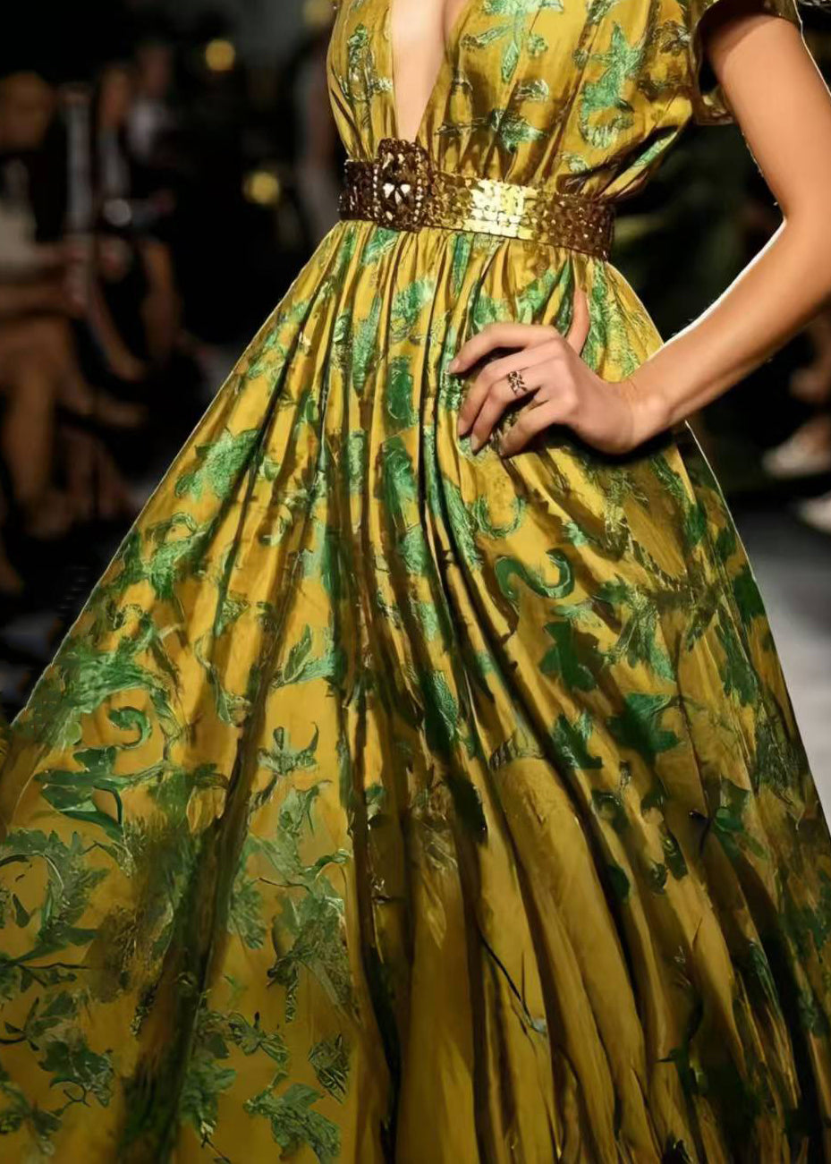 Modern Fluorescent Green Jacquard Exra Large Hem Silk Vestidos Dress