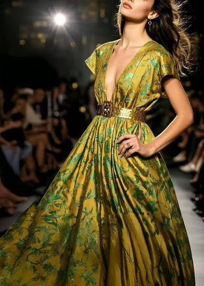 Modern Fluorescent Green Jacquard Exra Large Hem Silk Vestidos Dress