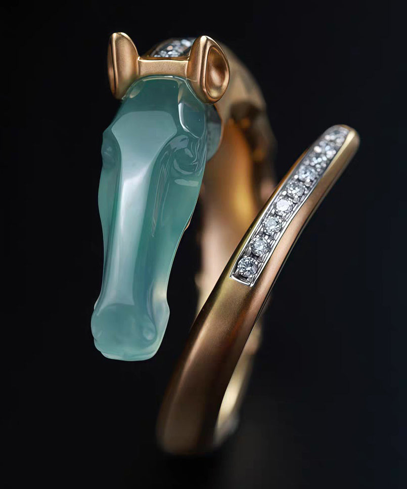 Modern Gold Asymmetric Zircon Copper Rings Jade Horse Head