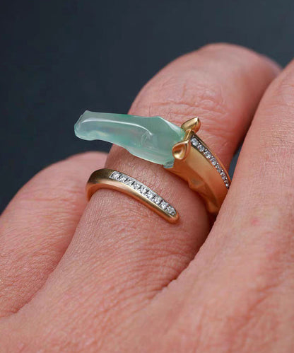 Modern Gold Asymmetric Zircon Copper Rings Jade Horse Head