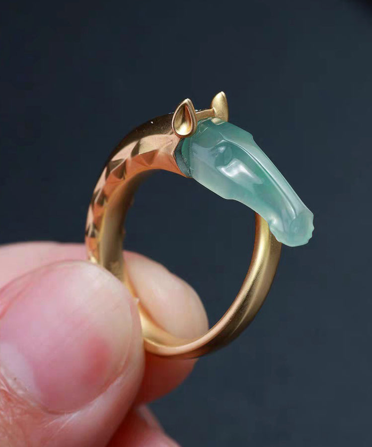 Modern Gold Asymmetric Zircon Copper Rings Jade Horse Head