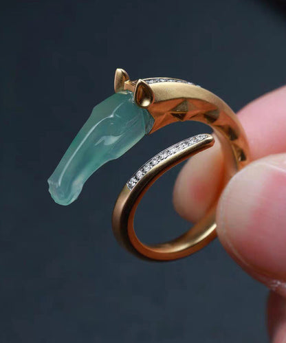 Modern Gold Asymmetric Zircon Copper Rings Jade Horse Head