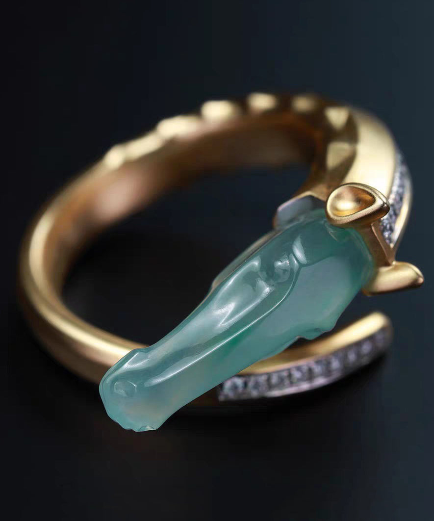 Modern Gold Asymmetric Zircon Copper Rings Jade Horse Head
