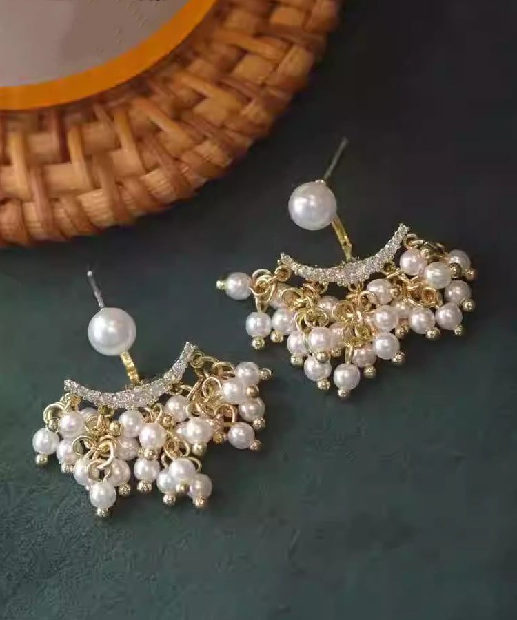 Modern Gold Copper Alloy Zircon Acrylic Pearl Tassel Drop Earrings