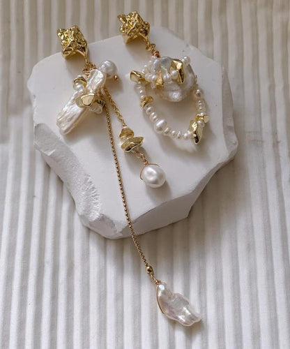 Modern Gold Copper Overgild Asymmetrica Pearl Tassel Drop Earrings