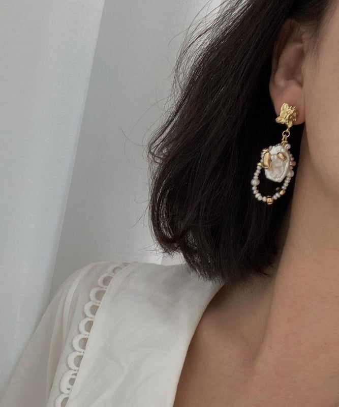 Modern Gold Copper Overgild Asymmetrica Pearl Tassel Drop Earrings