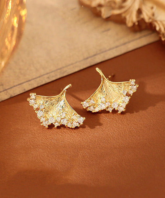 Modern Gold Copper Overgild Zircon Ginkgo Leaf Stud Earrings