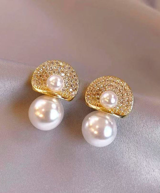 Modern Gold Copper Overgild Zircon Pearl Stud Earrings