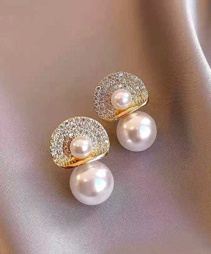 Modern Gold Copper Overgild Zircon Pearl Stud Earrings