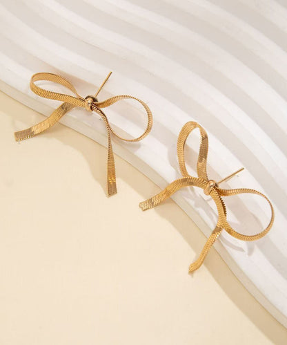 Modern Gold Metal Overgild Bow Tassel Hoop Earrings