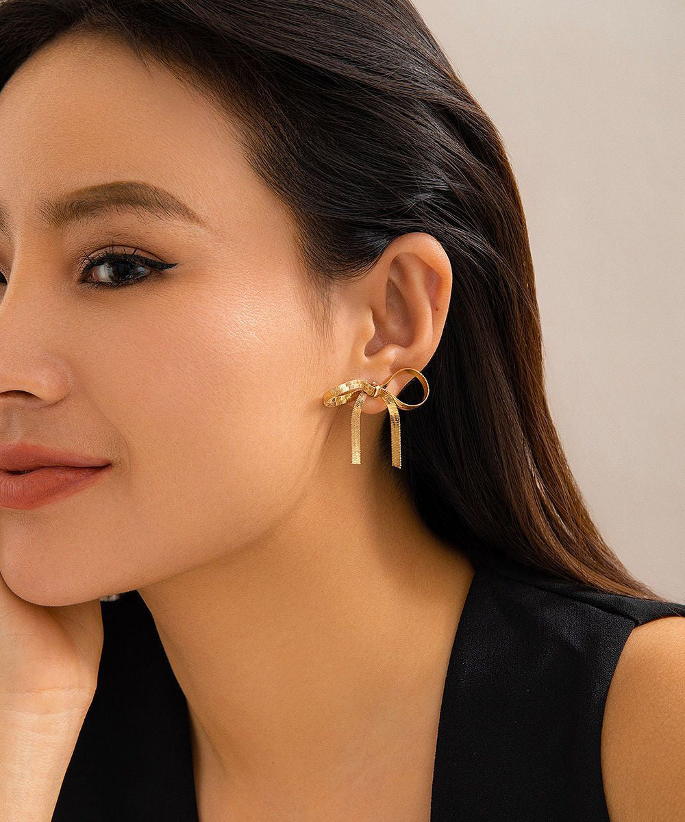 Modern Gold Metal Overgild Bow Tassel Hoop Earrings