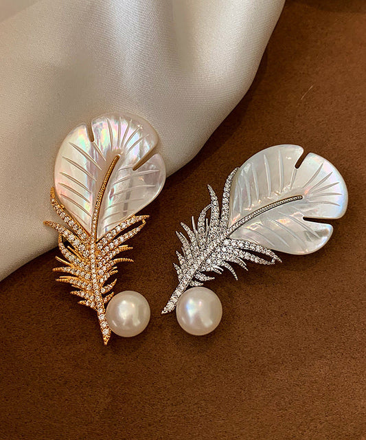 Modern Golden Feather Shape Pearl Fine Zircon Women Brooch