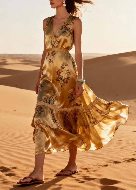 Modern Golden Print Exra Large Hem Silk Holiday Dress Summer