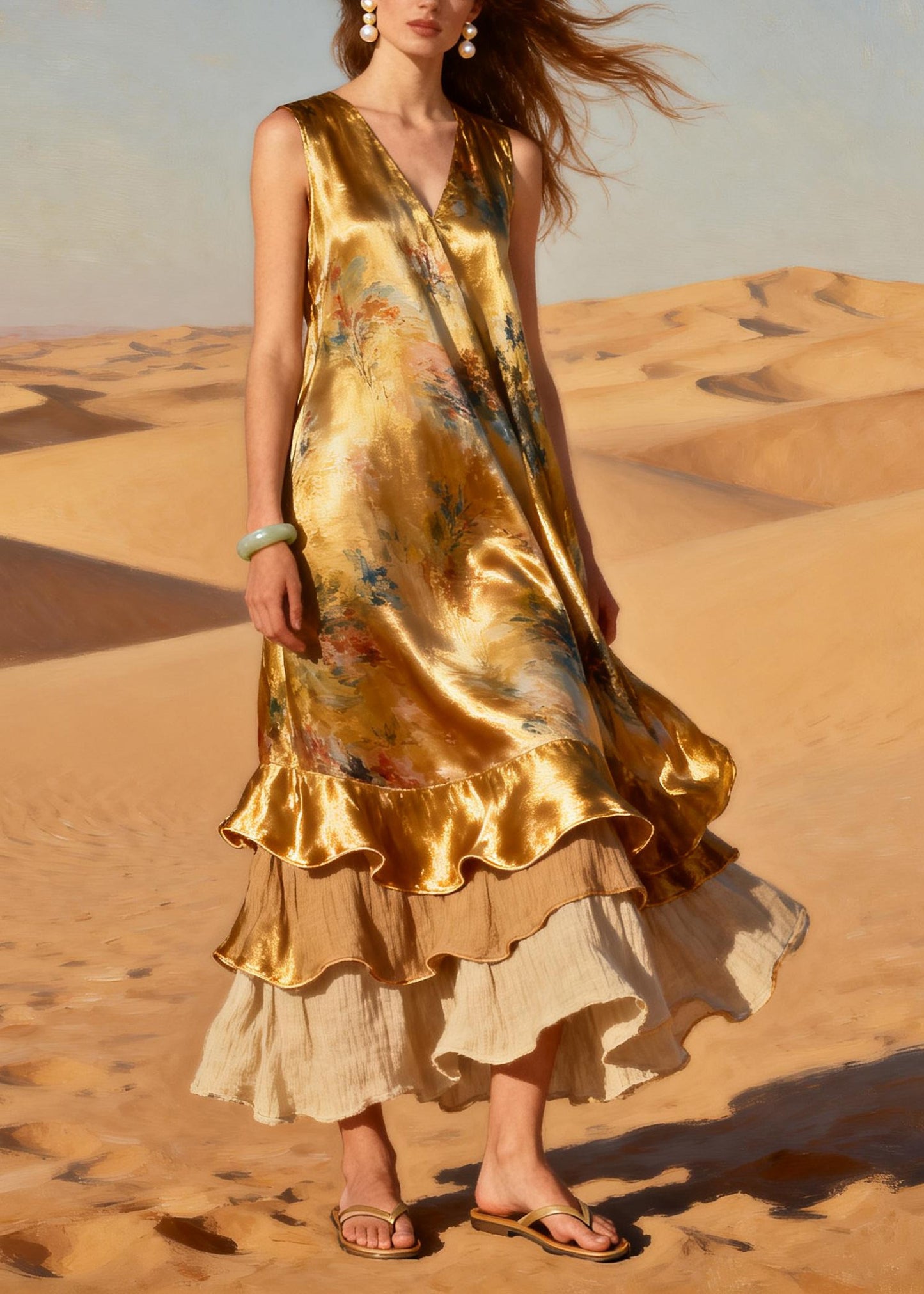 Modern Golden Ruffled Patchwork Silk Holiday Dress Summer