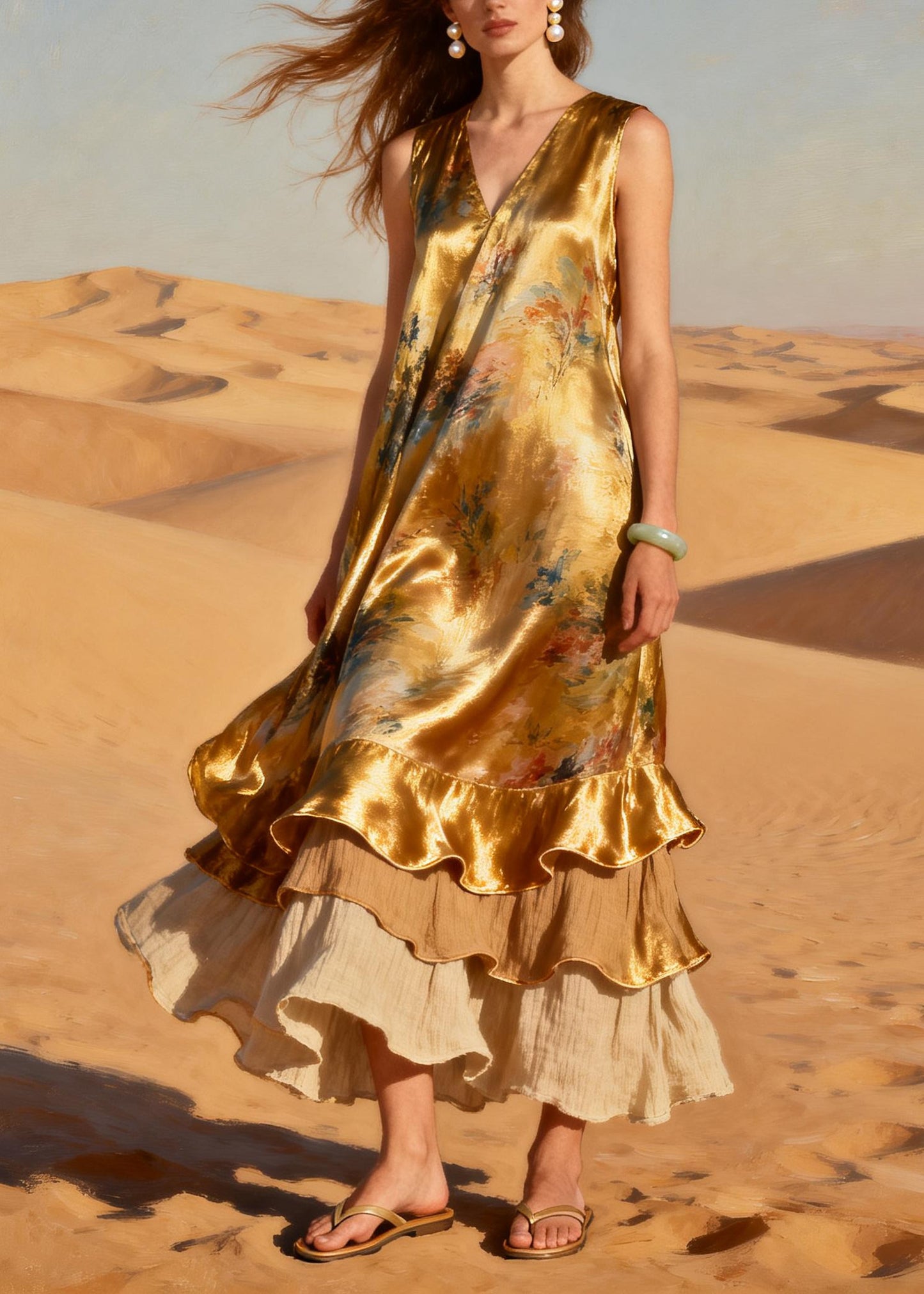 Modern Golden Ruffled Patchwork Silk Holiday Dress Summer