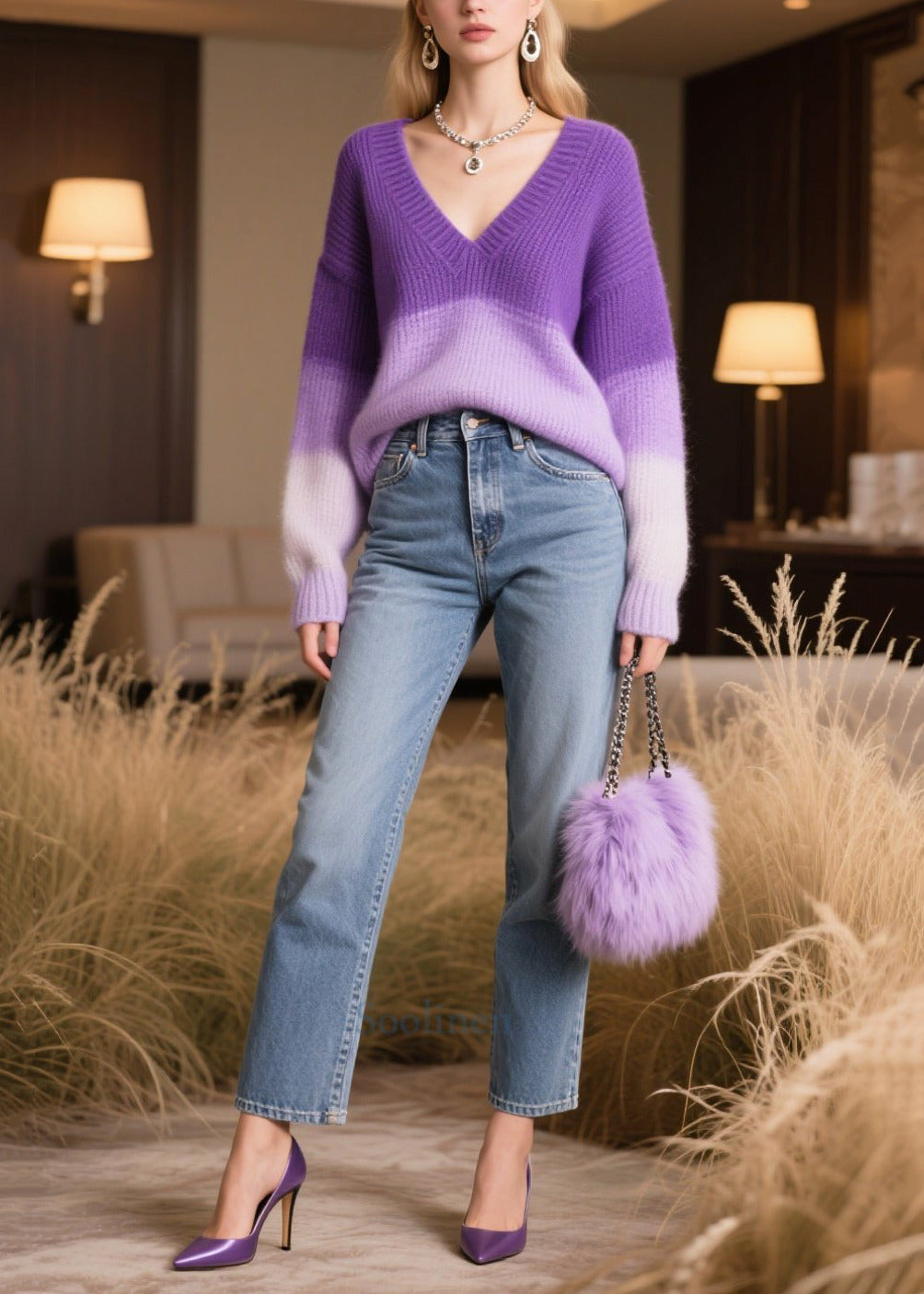 Modern Gradient Purple Oversized Warm Sweater Tops Winter