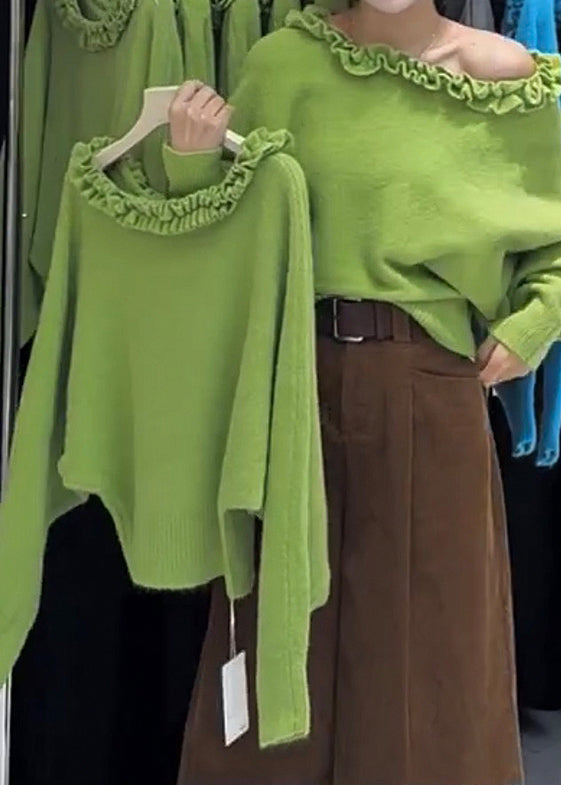 Modern Grass Green Ruffled Slash Neck Knit Sweater Tops Winter
