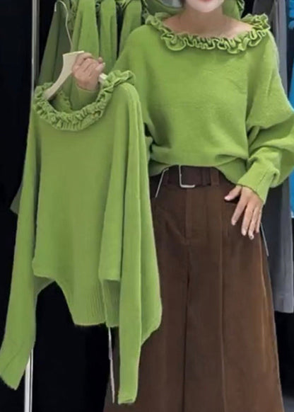 Modern Grass Green Ruffled Slash Neck Knit Sweater Tops Winter