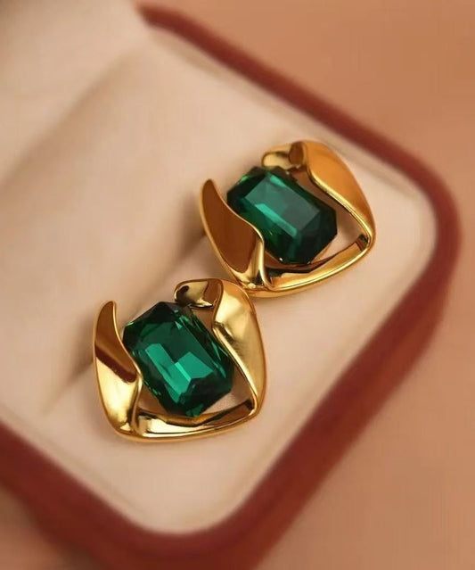 Modern Green Alloy Zircon Square Emerald Stud Earrings