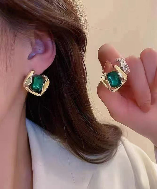 Modern Green Alloy Zircon Square Emerald Stud Earrings