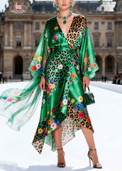 Modern Green Asymmetrical Print Silk Tunic Dress Summer