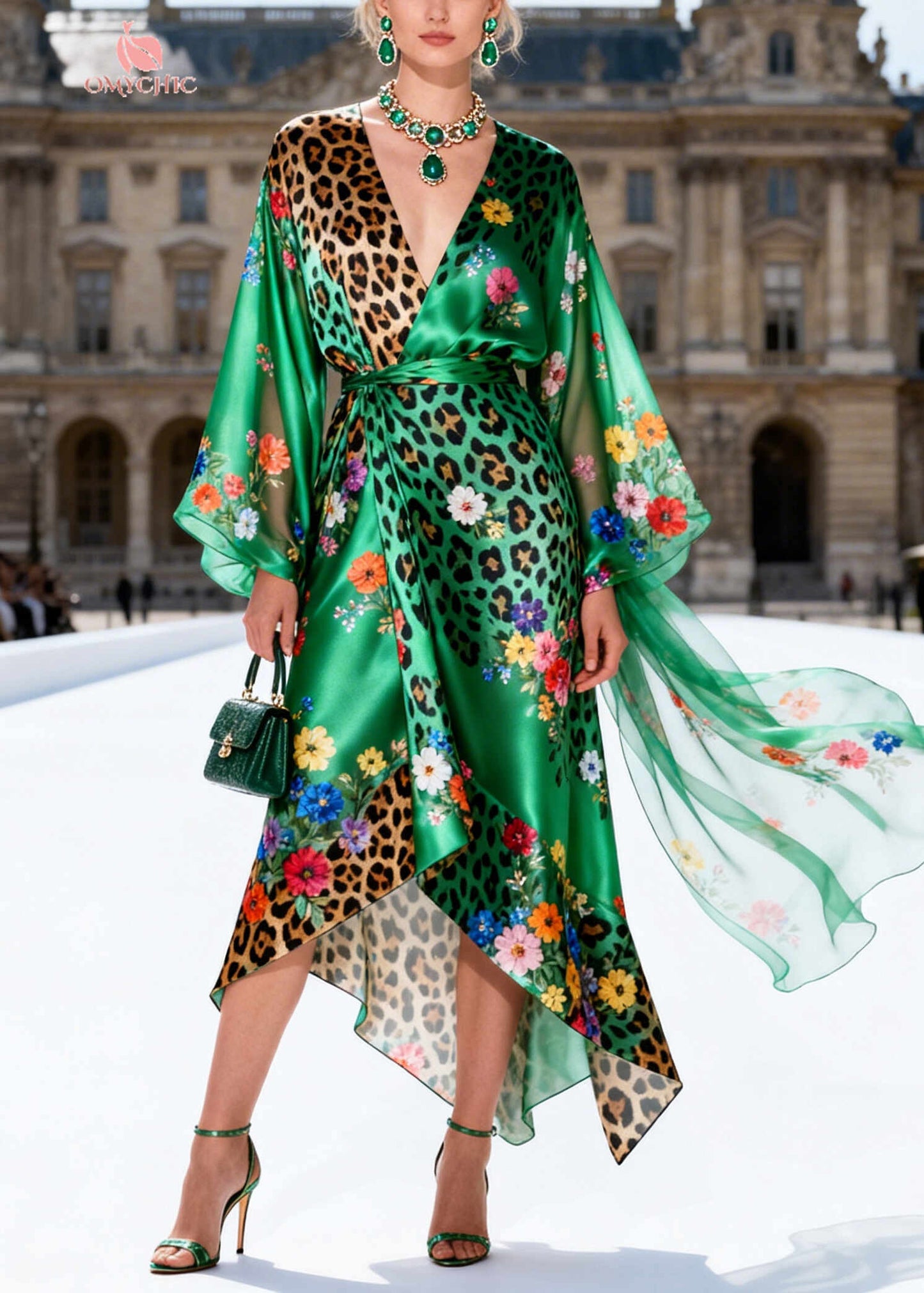 Modern Green Asymmetrical Print Silk Tunic Dress Summer