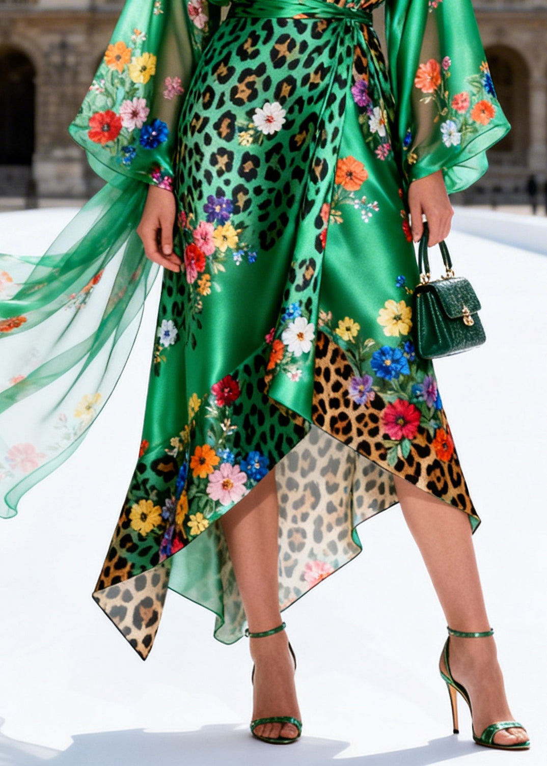 Modern Green Asymmetrical Print Silk Tunic Dress Summer