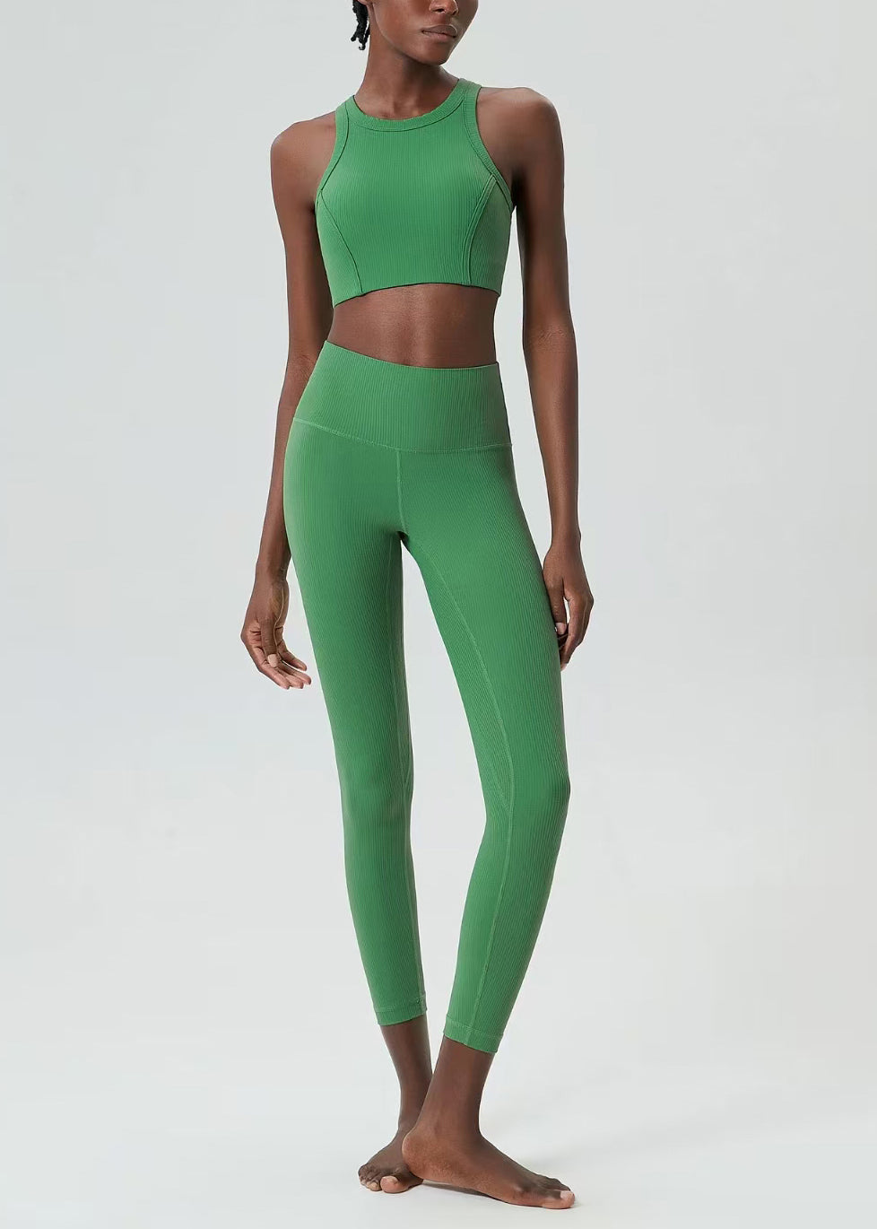 Modern Green Breathable Sleeveless Sports Bra And High Waist Leggings Set Suit