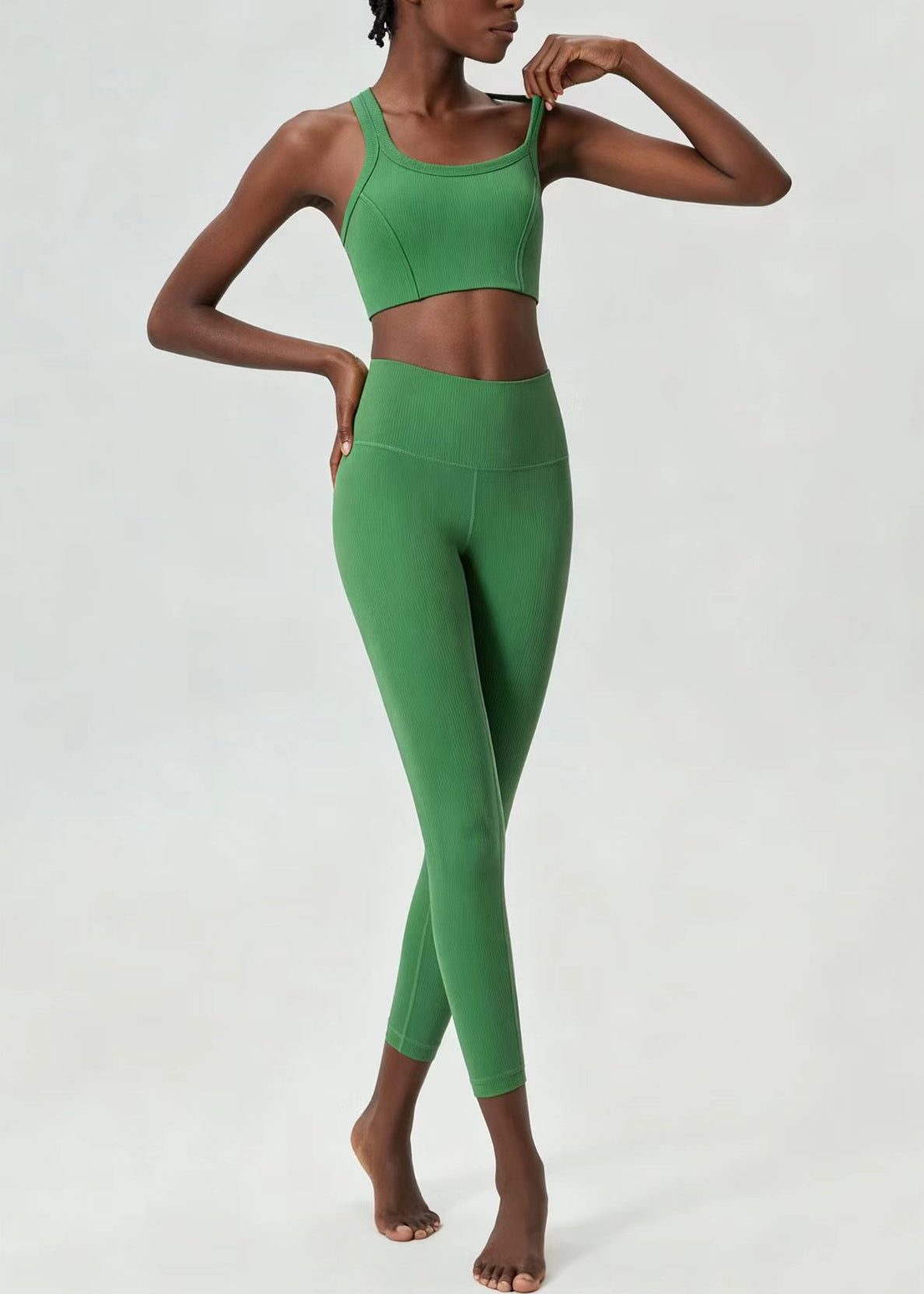 Modern Green Breathable Sleeveless Sports Bra And High Waist Leggings Set Suit