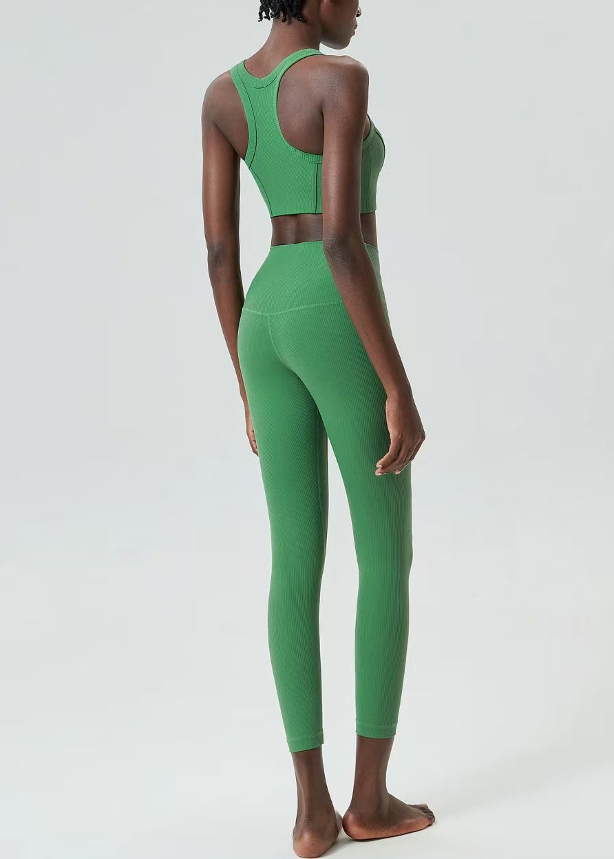 Modern Green Breathable Sleeveless Sports Bra And High Waist Leggings Set Suit