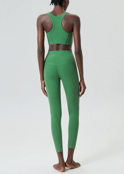 Modern Green Breathable Sleeveless Sports Bra And High Waist Leggings Set Suit