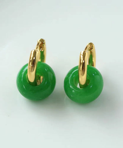 Modern Green Copper Overgild Jade Hoop Earrings