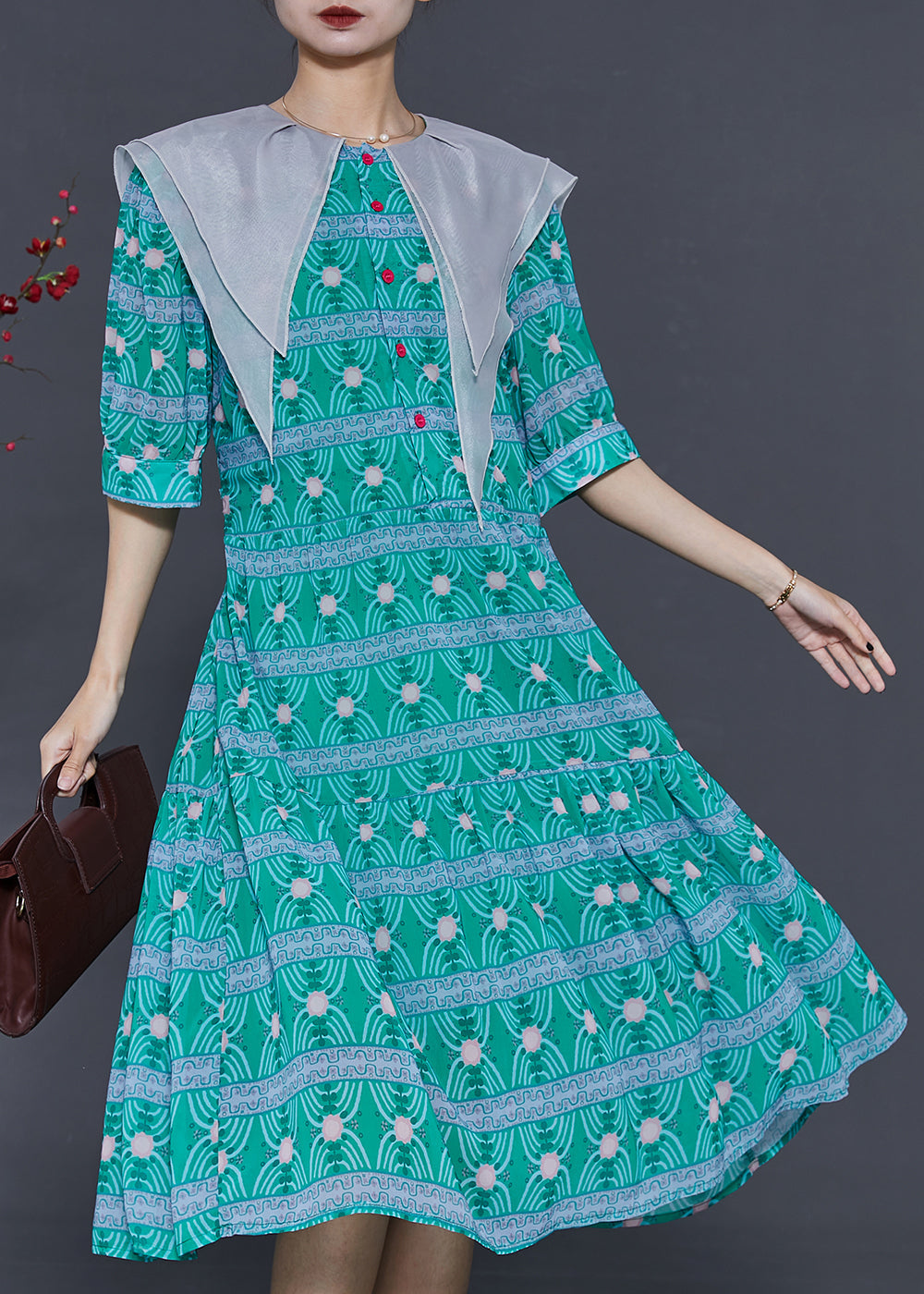 Modern Green Double-layer Collar Print Chiffon Dress Summer