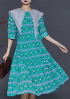 Modern Green Double-layer Collar Print Chiffon Dress Summer
