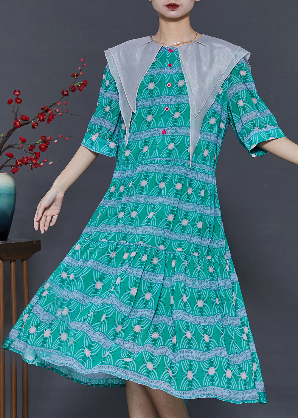 Modern Green Double-layer Collar Print Chiffon Dress Summer