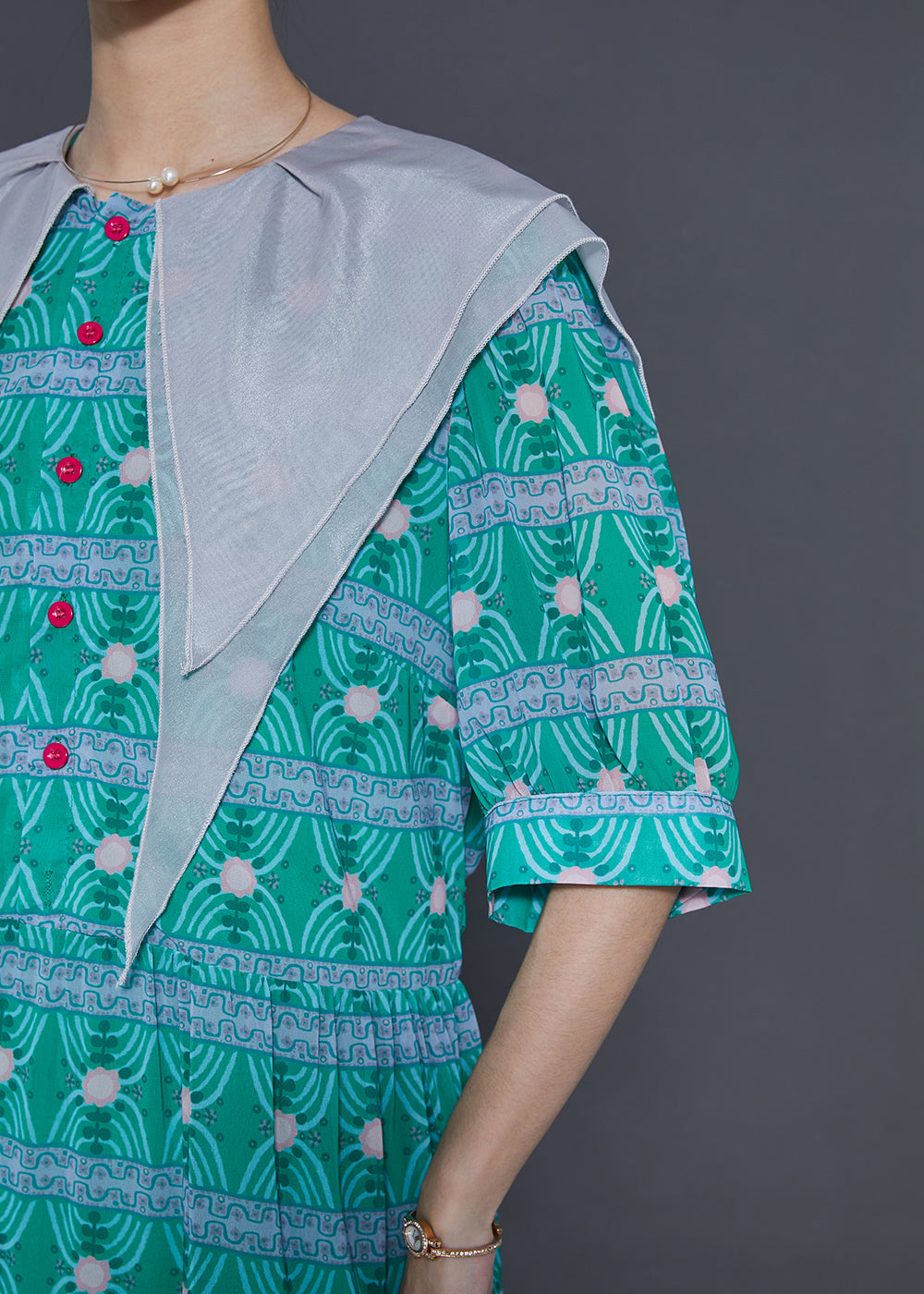 Modern Green Double-layer Collar Print Chiffon Dress Summer