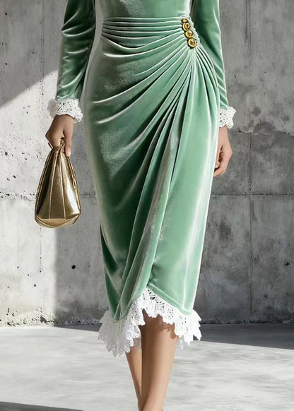 Modern Green Lace Patchwork Wrinkled Silk Velvet Dress Spring