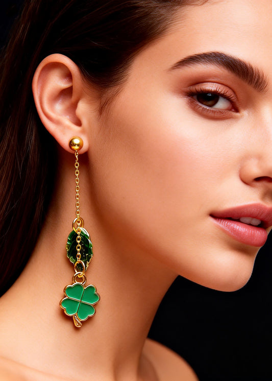Modern Green Leaf Metal Long Tassels Drop Earrings