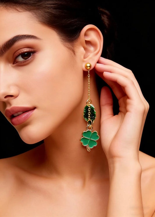 Modern Green Leaf Metal Long Tassels Drop Earrings