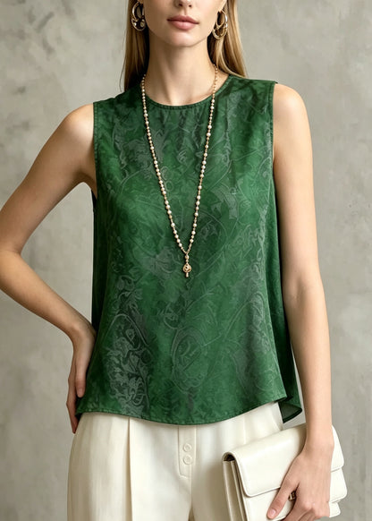 Modern Green O-Neck Print Chiffon Shirt Tops Sleeveless