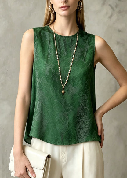 Modern Green O-Neck Print Chiffon Shirt Tops Sleeveless