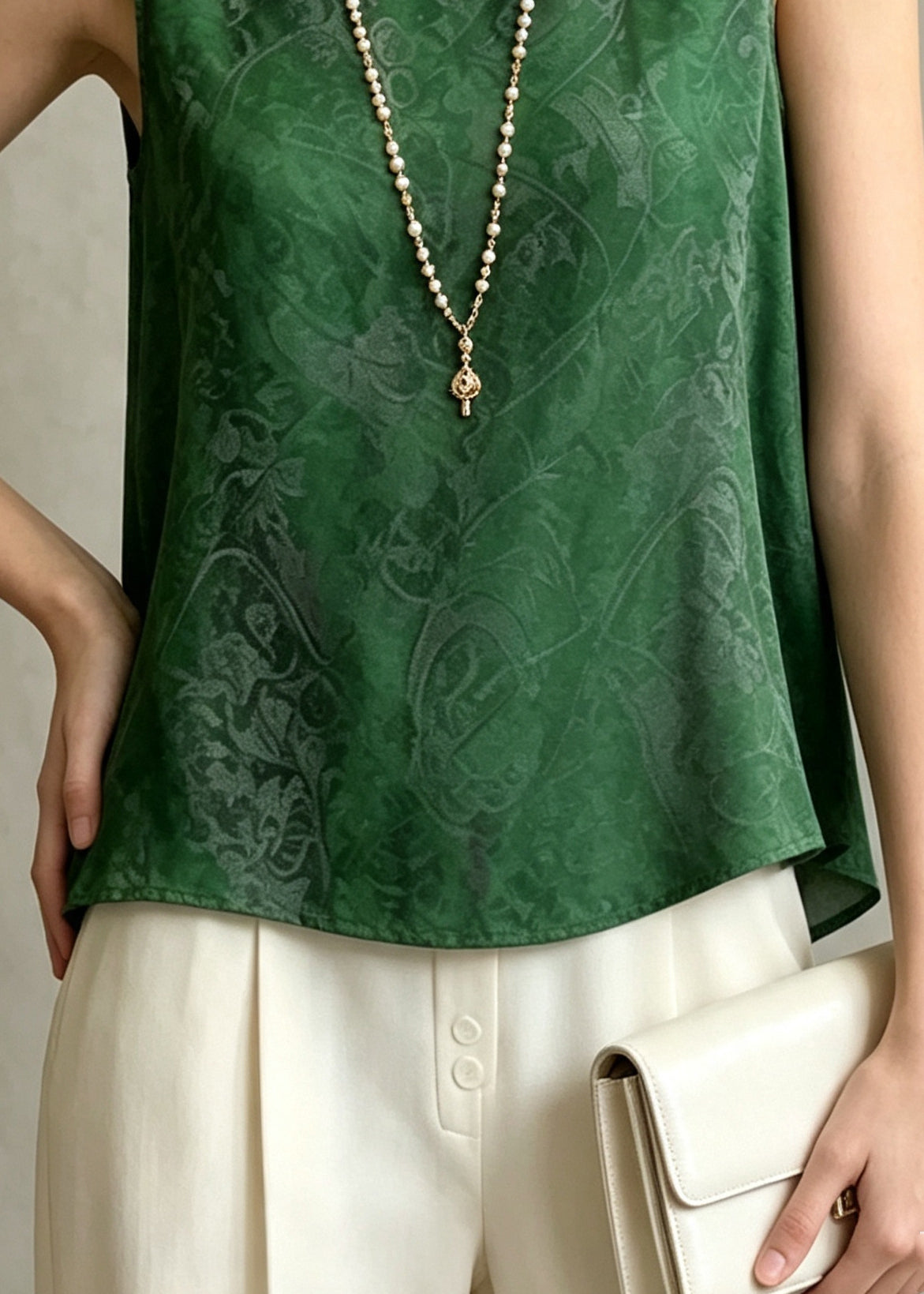 Modern Green O-Neck Print Chiffon Shirt Tops Sleeveless