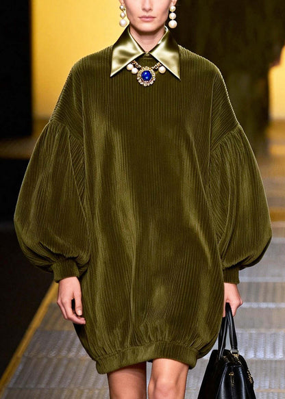 Modern Green Oversized Patchwork Corduroy Day Dress Lantern Sleeve