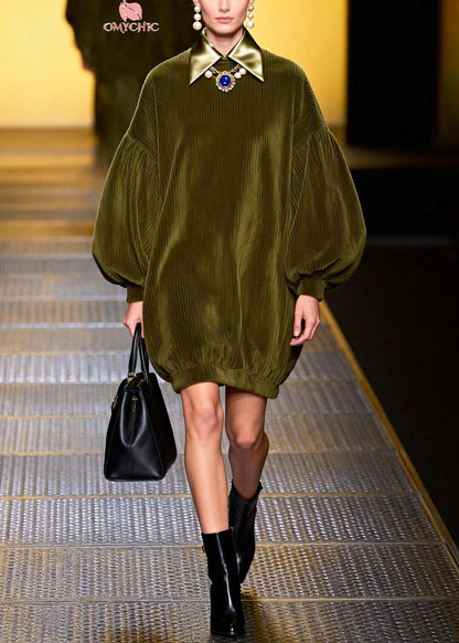 Modern Green Oversized Patchwork Corduroy Day Dress Lantern Sleeve