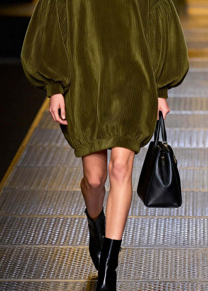 Modern Green Oversized Patchwork Corduroy Day Dress Lantern Sleeve