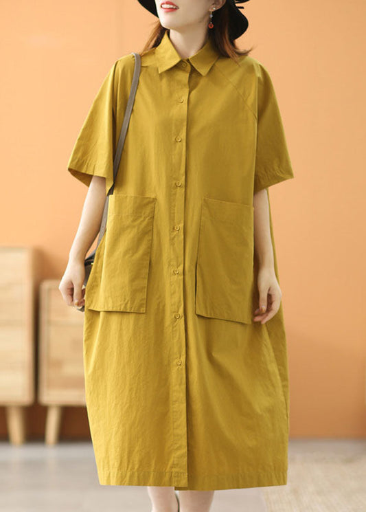 Modern Green Peter Pan Collar Oversized Big Pockets Cotton Loose Shirt Dress Short Sleeve