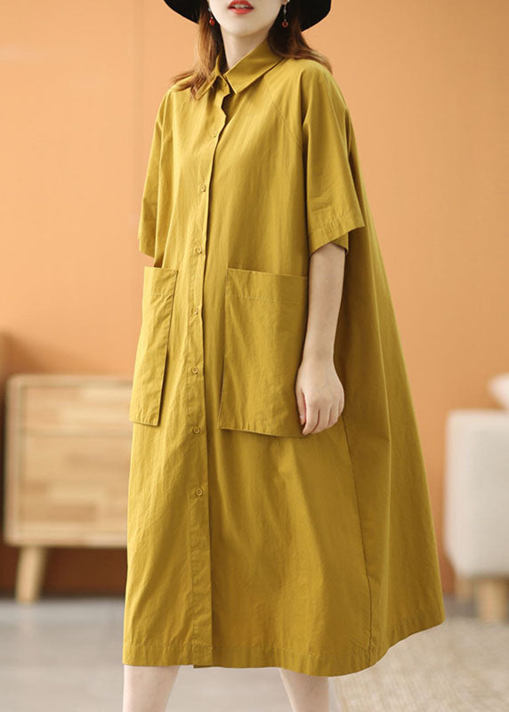 Modern Green Peter Pan Collar Oversized Big Pockets Cotton Loose Shirt Dress Short Sleeve