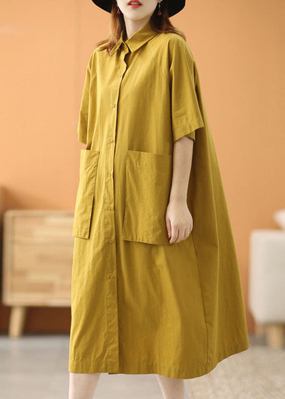 Modern Green Peter Pan Collar Oversized Big Pockets Cotton Loose Shirt Dress Short Sleeve