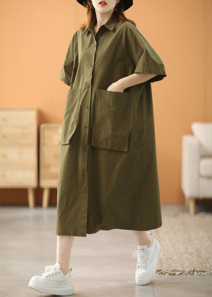 Modern Green Peter Pan Collar Oversized Big Pockets Cotton Loose Shirt Dress Short Sleeve